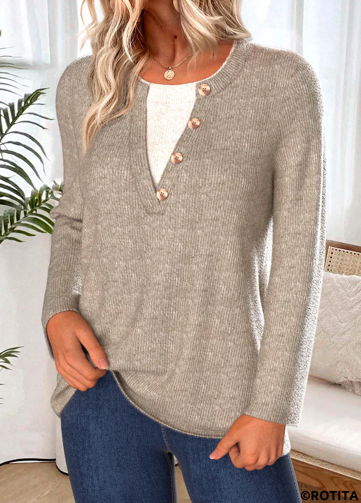 Gray Brown tops,Contrast Color tops,ROTITA Tummy Coverage Gray Brown Split Neck T Shirt