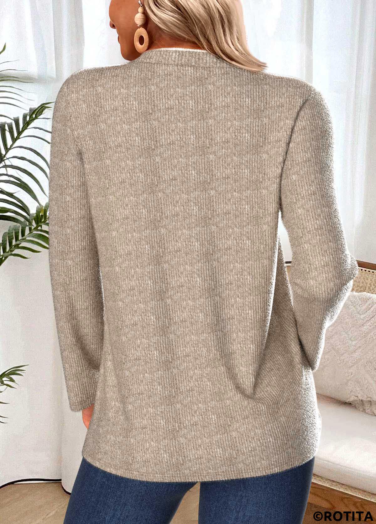 Gray Brown tops,Contrast Color tops,ROTITA Tummy Coverage Gray Brown Split Neck T Shirt