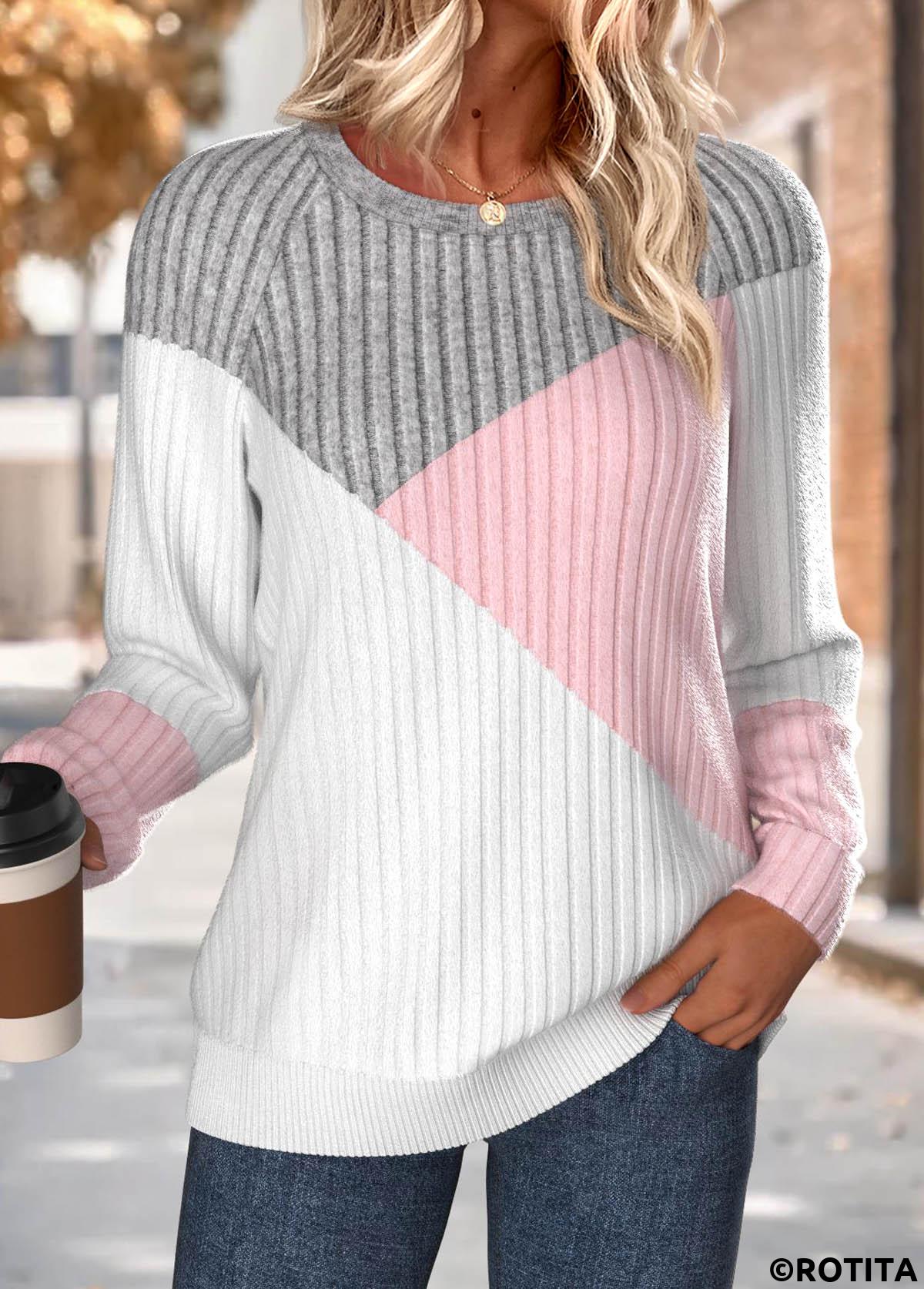 Multi Color tops,Contrast Color tops,ROTITA Tummy Coverage Multi Color Round Neck Long Sleeve Sweatshirt