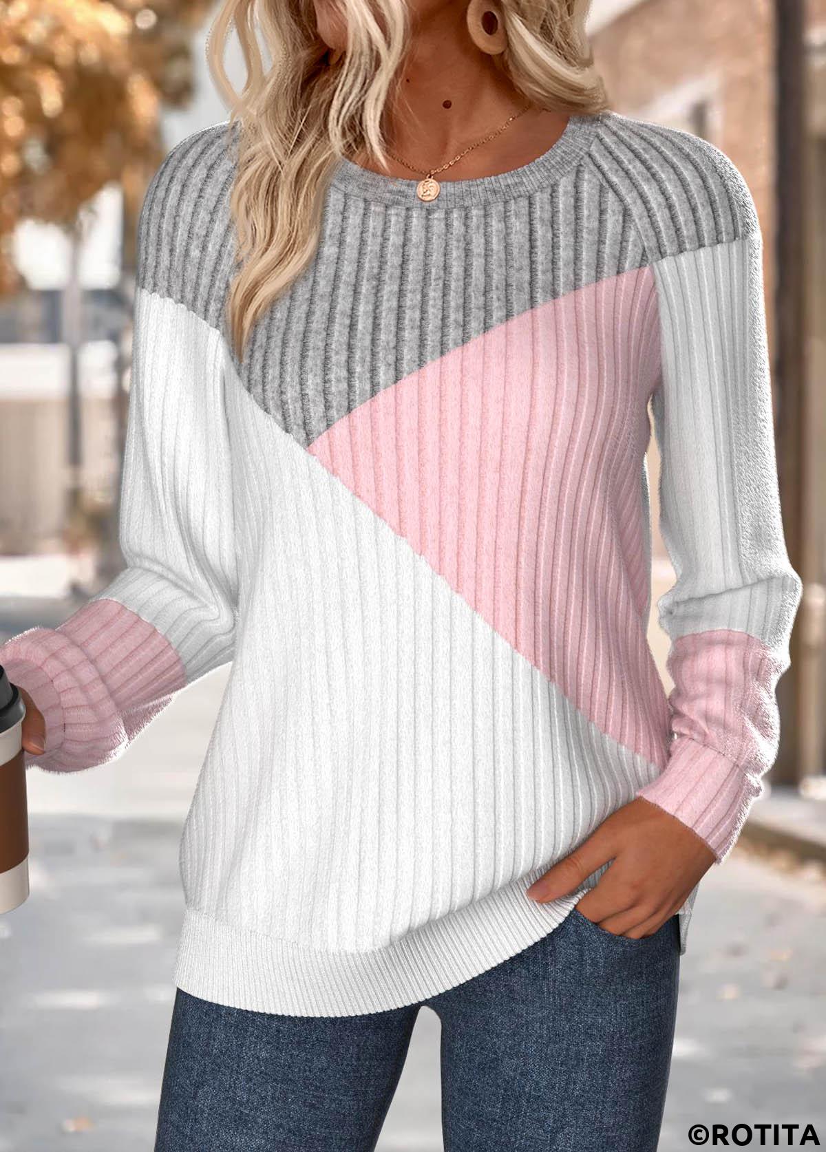 Multi Color tops,Contrast Color tops,ROTITA Tummy Coverage Multi Color Round Neck Long Sleeve Sweatshirt
