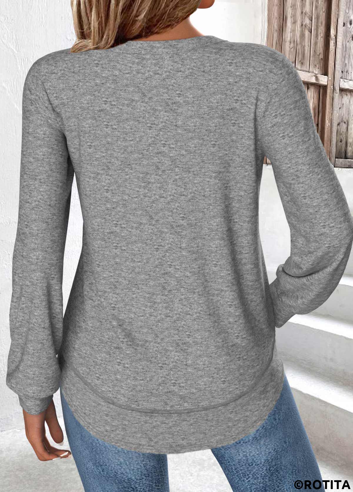 Grey tops,Plain Color tops,ROTITA Curved Hem Grey Round Neck T Shirt