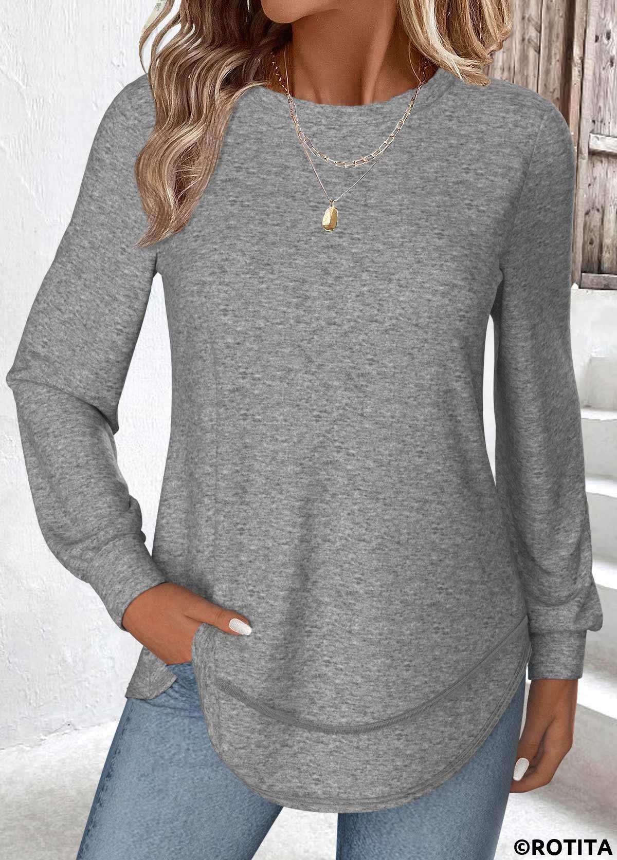 Grey tops,Plain Color tops,ROTITA Curved Hem Grey Round Neck T Shirt