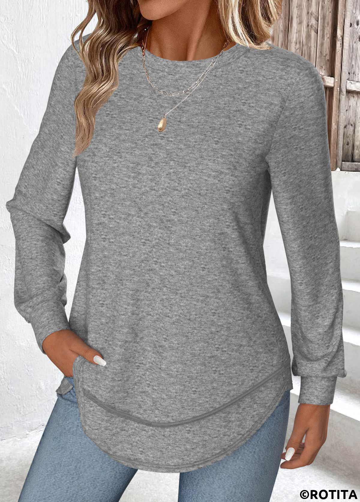Grey tops,Plain Color tops,ROTITA Curved Hem Grey Round Neck T Shirt