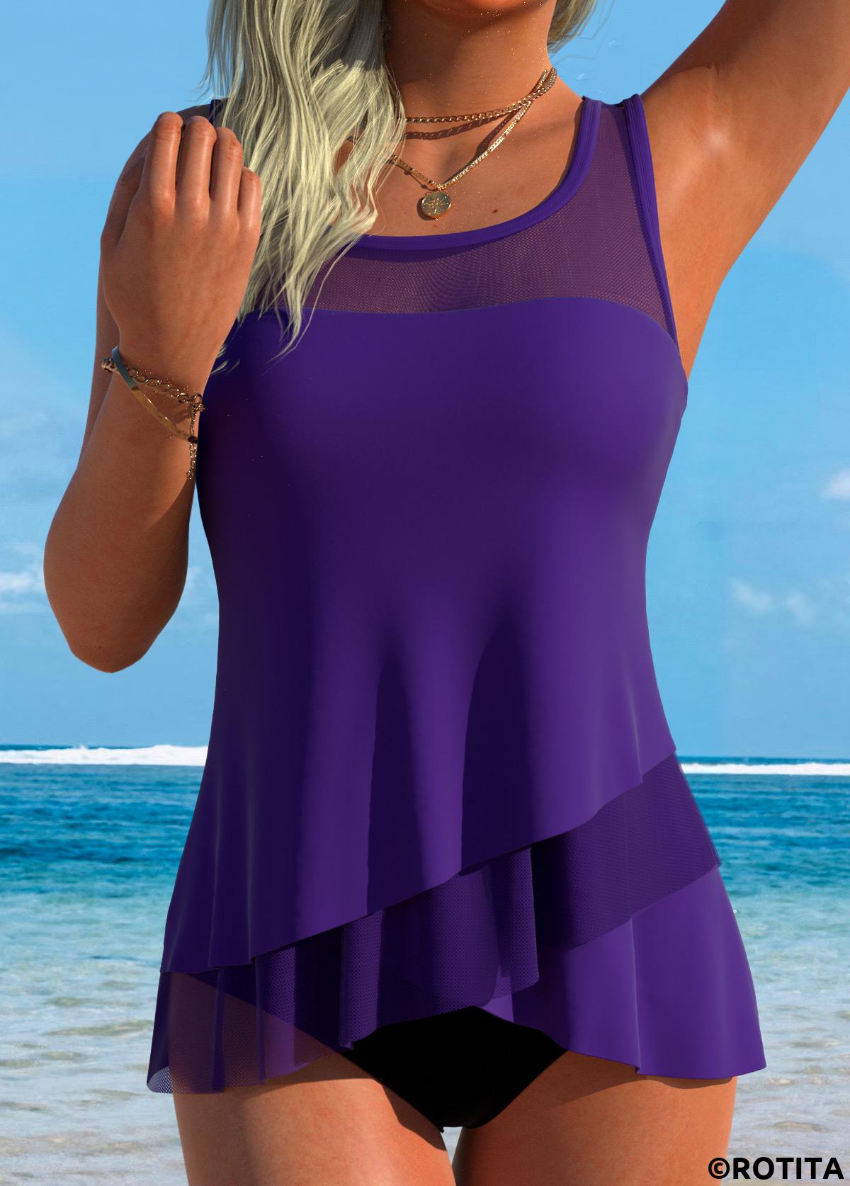 Purple swimwear,Plain Color swimwear,ROTITA Tummy Coverage Purple Mid Waisted Tankini Set