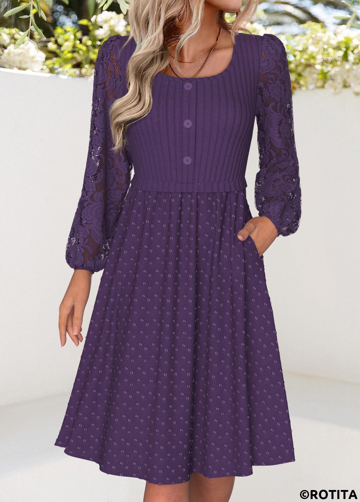 Purple dresses,Plain Color dresses,Everyday dresses,Casual dresses,ROTITA Tummy Coverage Purple Square Neck Long Sleeve Dress