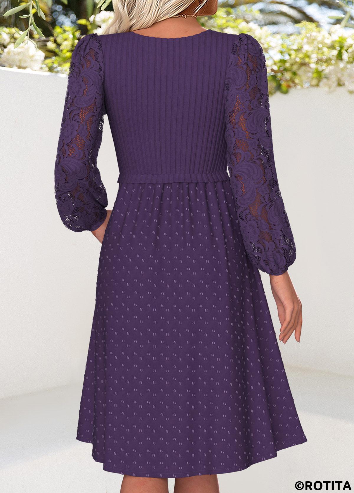 Purple dresses,Plain Color dresses,Everyday dresses,Casual dresses,ROTITA Tummy Coverage Purple Square Neck Long Sleeve Dress