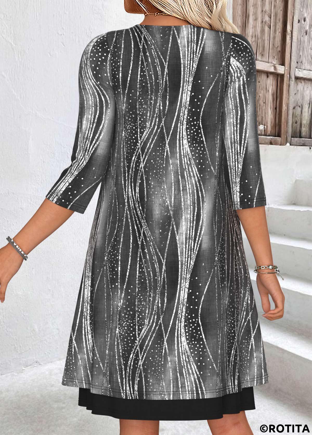 Black dresses,Geometric dresses,Everyday dresses,Casual dresses,ROTITA Tummy Coverage Geometric Print Black Dress and Cardigan