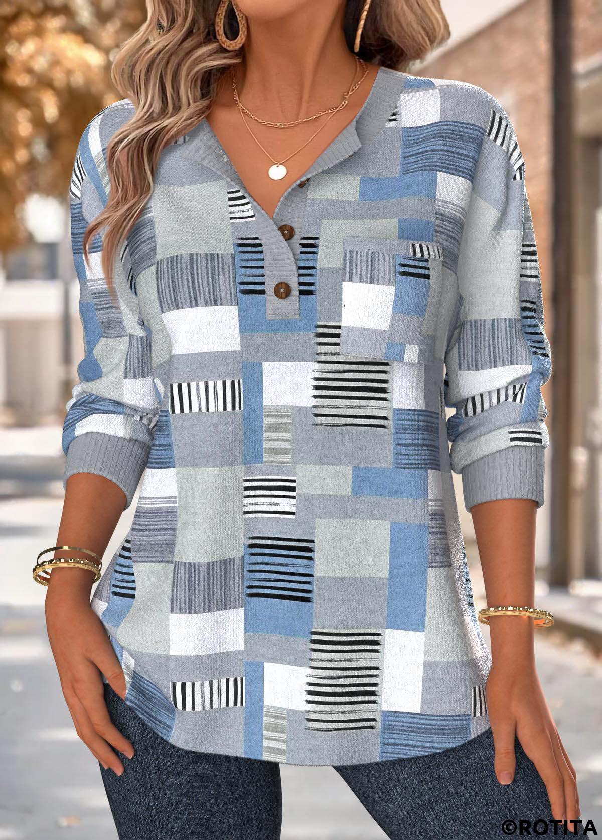 Dusty Blue tops,Geometric tops,ROTITA Tummy Coverage Geometric Print Dusty Blue Split Neck Sweatshirt