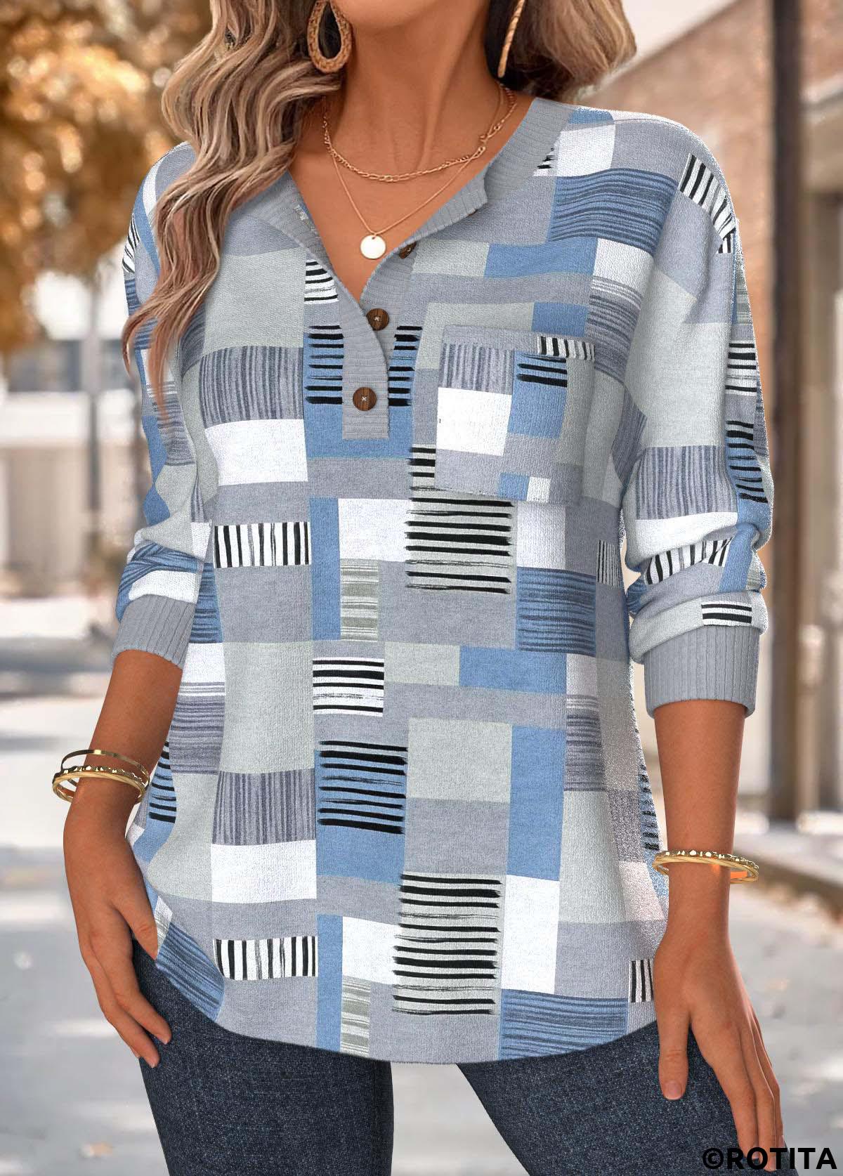 Dusty Blue tops,Geometric tops,ROTITA Tummy Coverage Geometric Print Dusty Blue Split Neck Sweatshirt