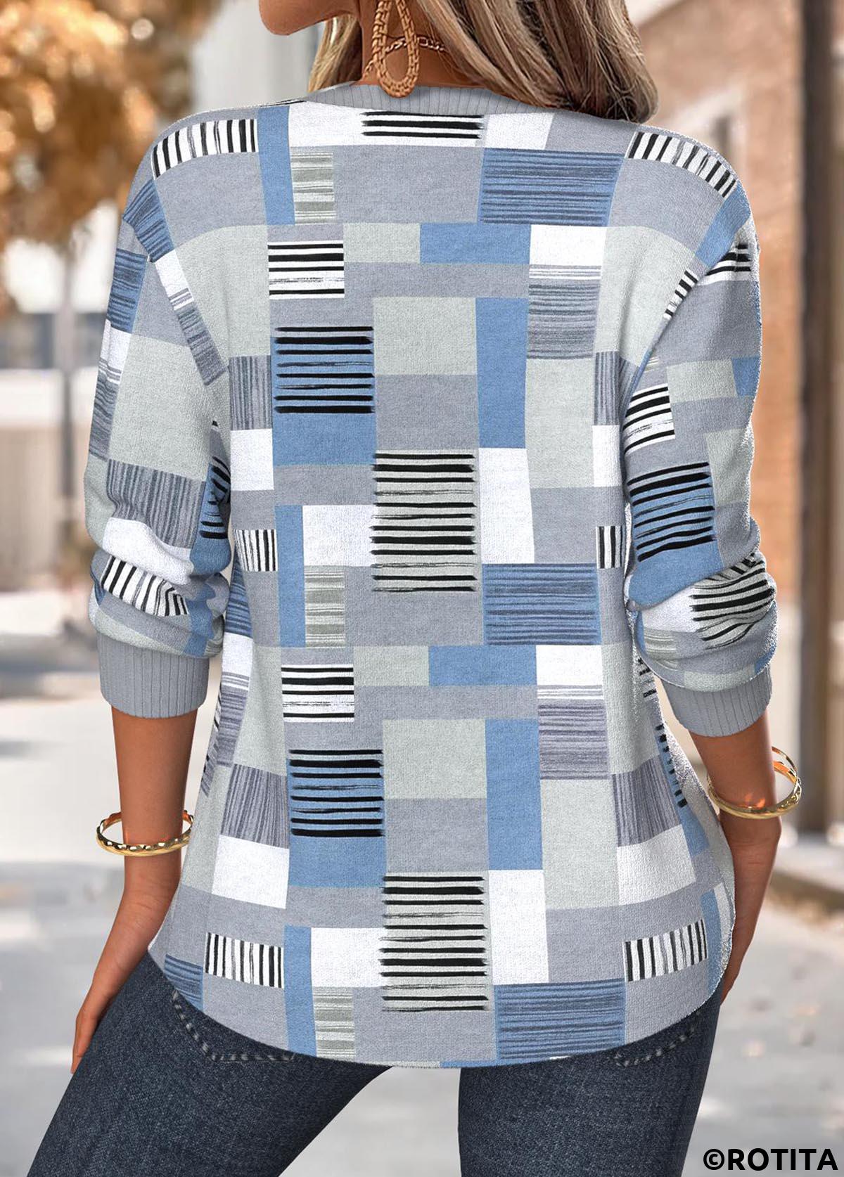 Dusty Blue tops,Geometric tops,ROTITA Tummy Coverage Geometric Print Dusty Blue Split Neck Sweatshirt