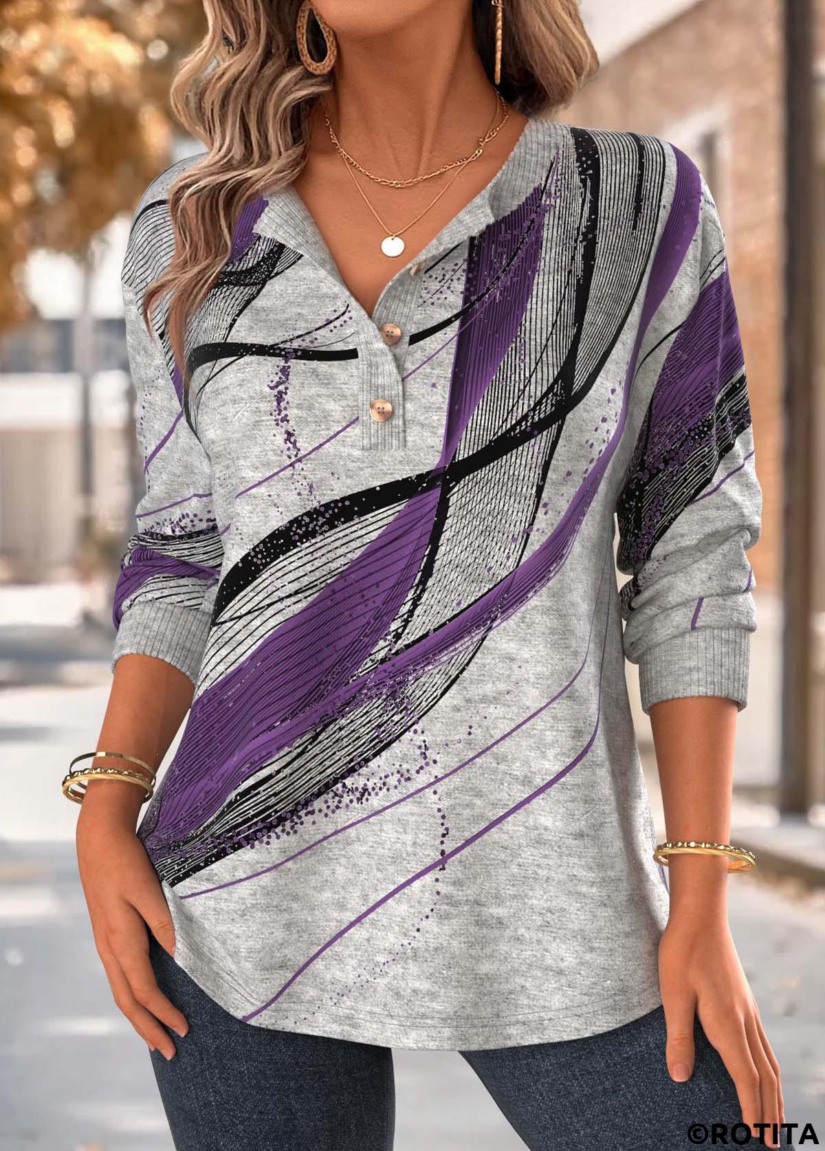 Purple tops,Geometric tops,ROTITA Tummy Coverage Geometric Print Purple Split Neck Sweatshirt
