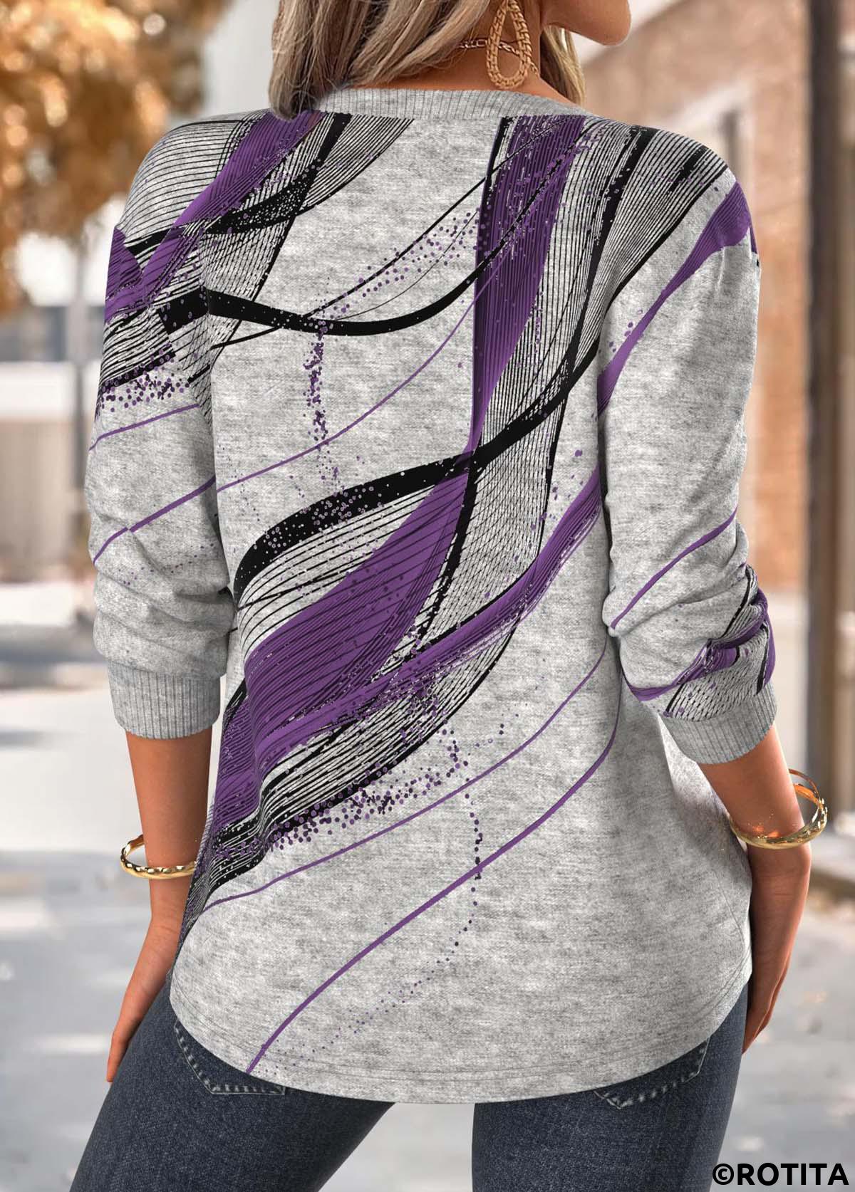 Purple tops,Geometric tops,ROTITA Tummy Coverage Geometric Print Purple Split Neck Sweatshirt