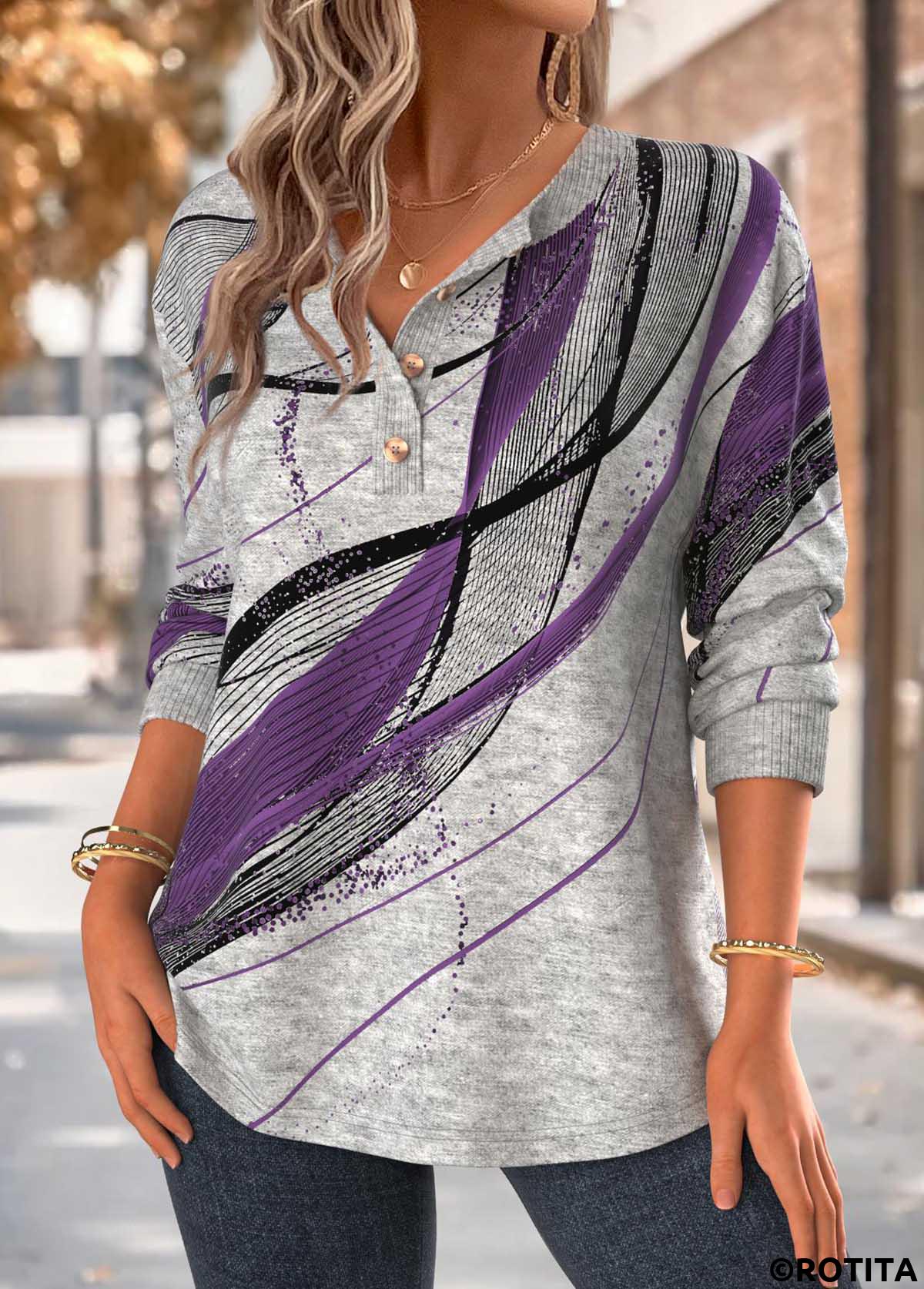 Purple tops,Geometric tops,ROTITA Tummy Coverage Geometric Print Purple Split Neck Sweatshirt