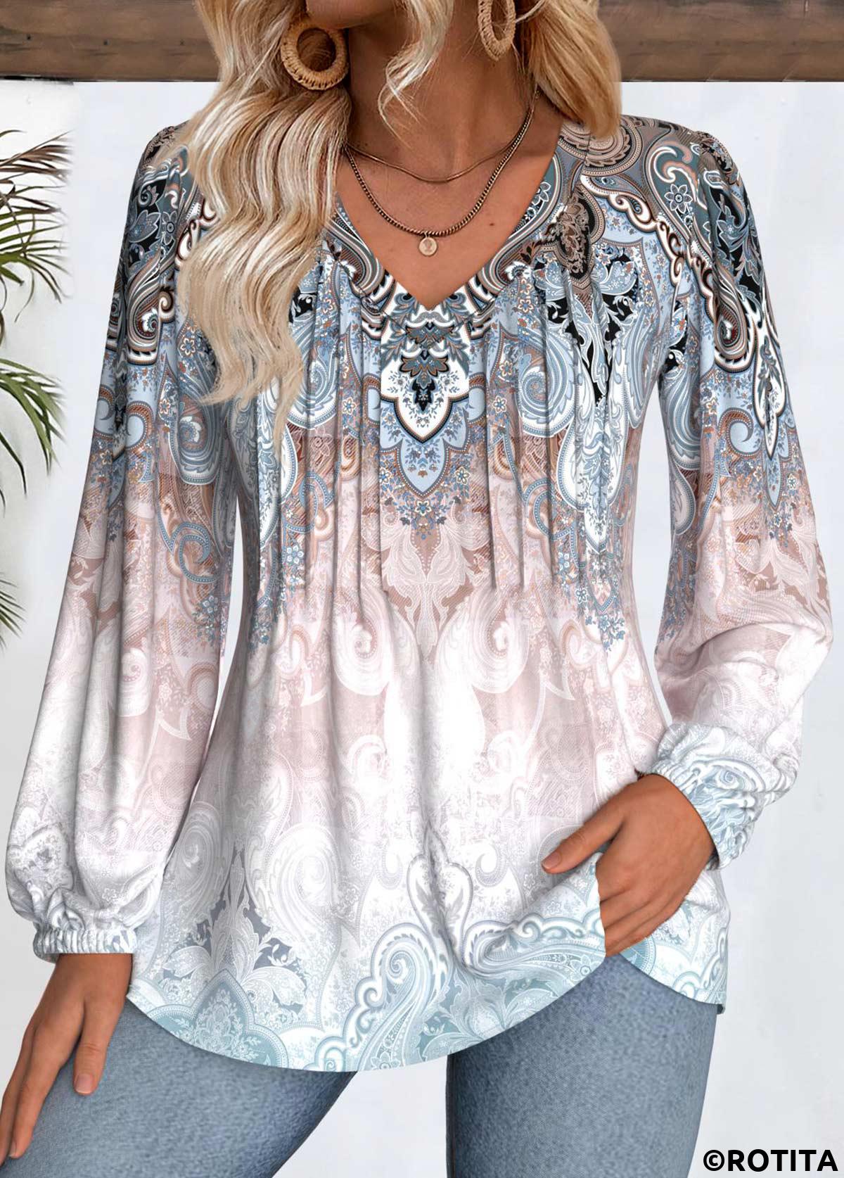 Multi Color tops,Tribal tops,ROTITA Tummy Coverage Tribal Print Multi Color V Neck Blouse
