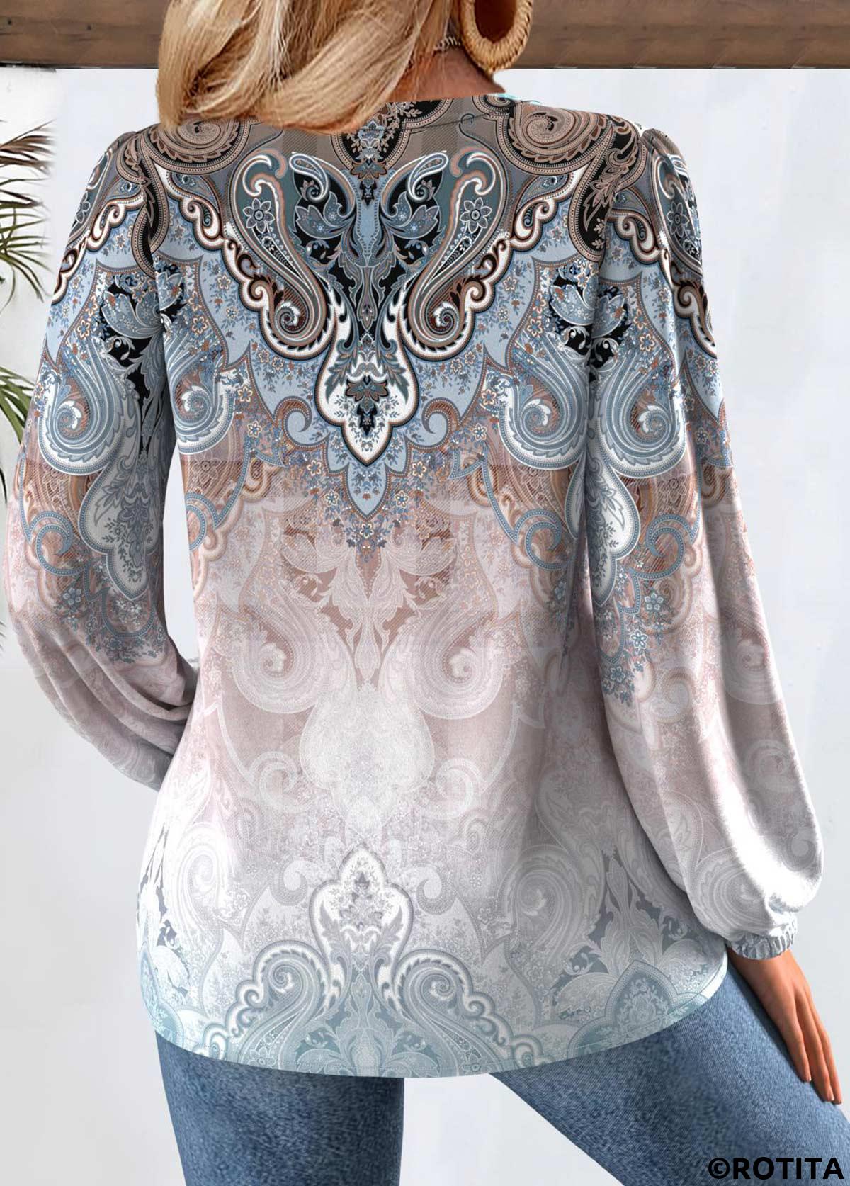Multi Color tops,Tribal tops,ROTITA Tummy Coverage Tribal Print Multi Color V Neck Blouse