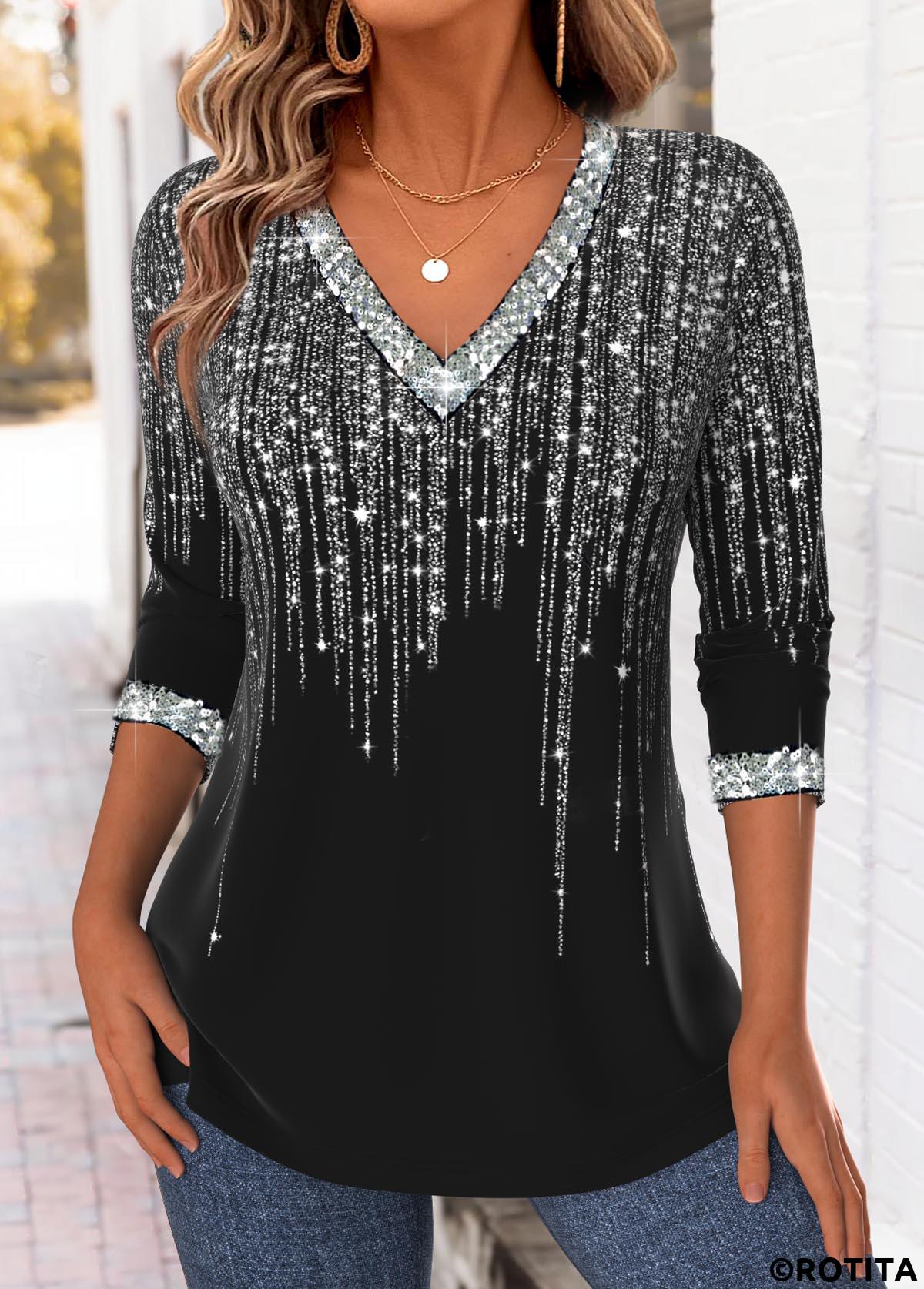 Black tops,Ombre tops,ROTITA Tummy Coverage Ombre Black V Neck T Shirt
