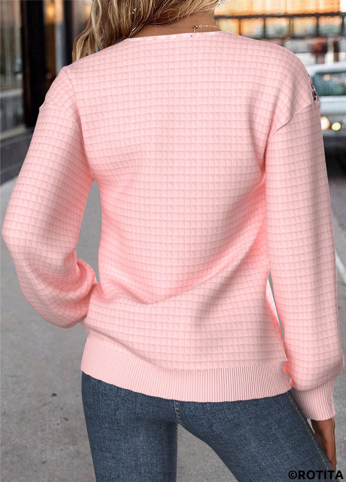 Light Pink tops,Geometric tops,ROTITA Tummy Coverage Geometric Print Light Pink Split Neck Sweatshirt