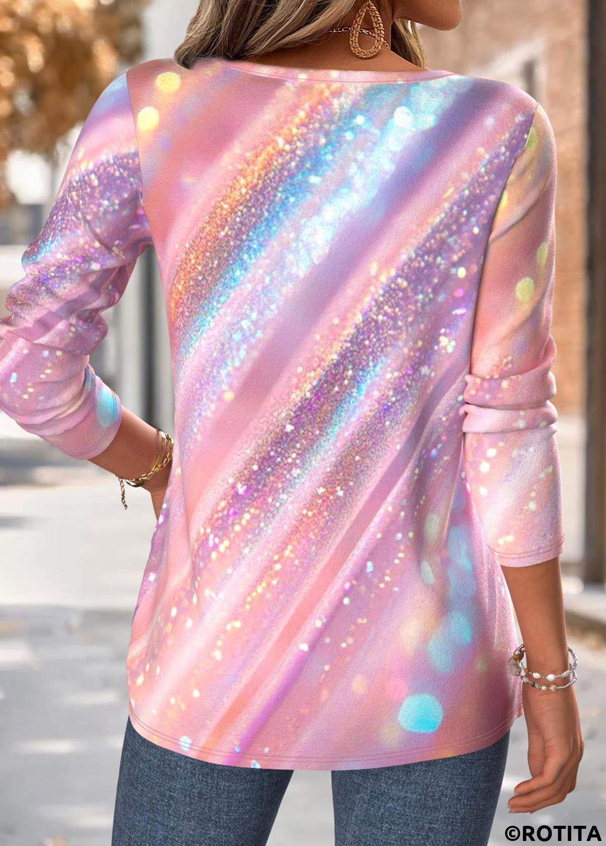 Light Pink tops,Dazzle Colorful tops,ROTITA Tummy Coverage Dazzle Colorful Print Light Pink T Shirt