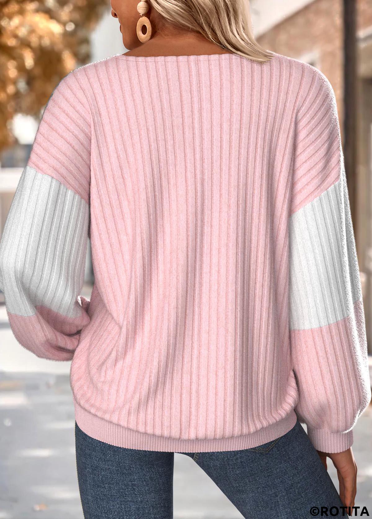 Light Pink tops,Contrast Color tops,ROTITA Tummy Coverage Light Pink Round Neck Long Sleeve Sweatshirt