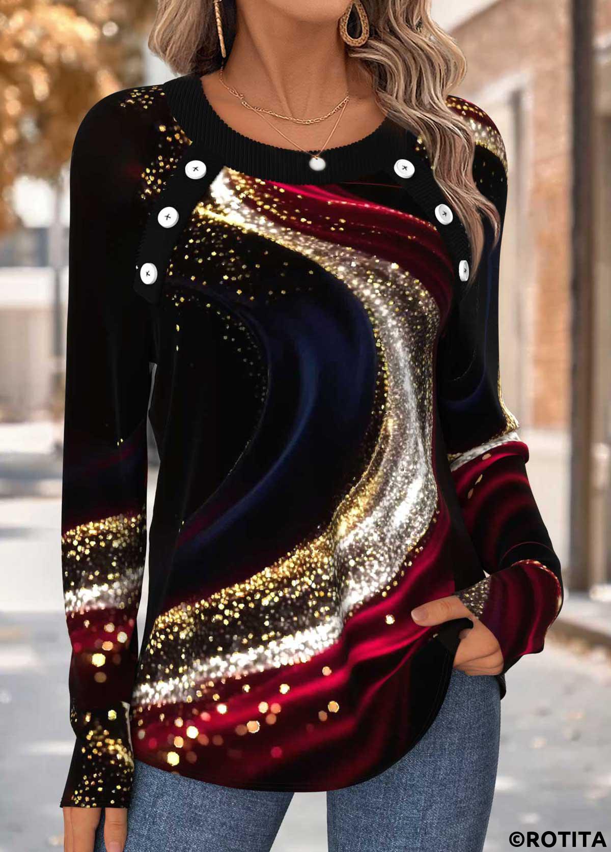 Multi Color tops,Ombre tops,ROTITA Tummy Coverage Ombre Multi Color Round Neck T Shirt