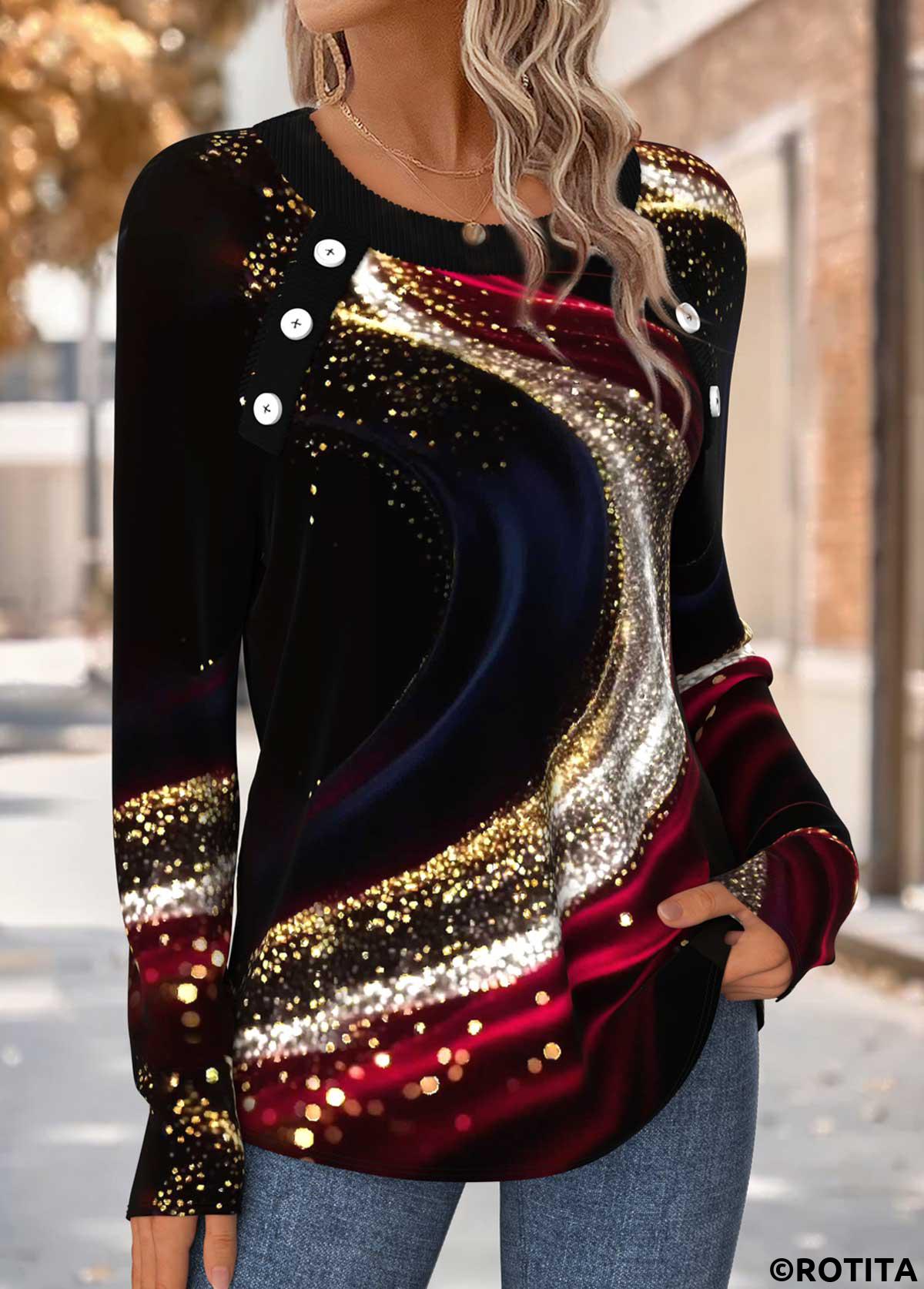 Multi Color tops,Ombre tops,ROTITA Tummy Coverage Ombre Multi Color Round Neck T Shirt