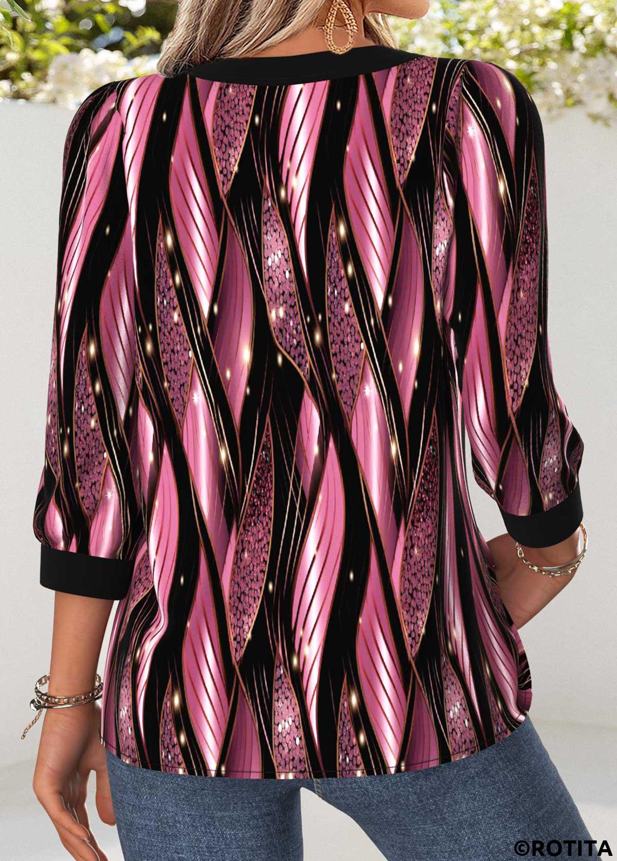 Pink tops,Geometric tops,ROTITA Tummy Coverage Geometric Print Pink Round Neck Blouse