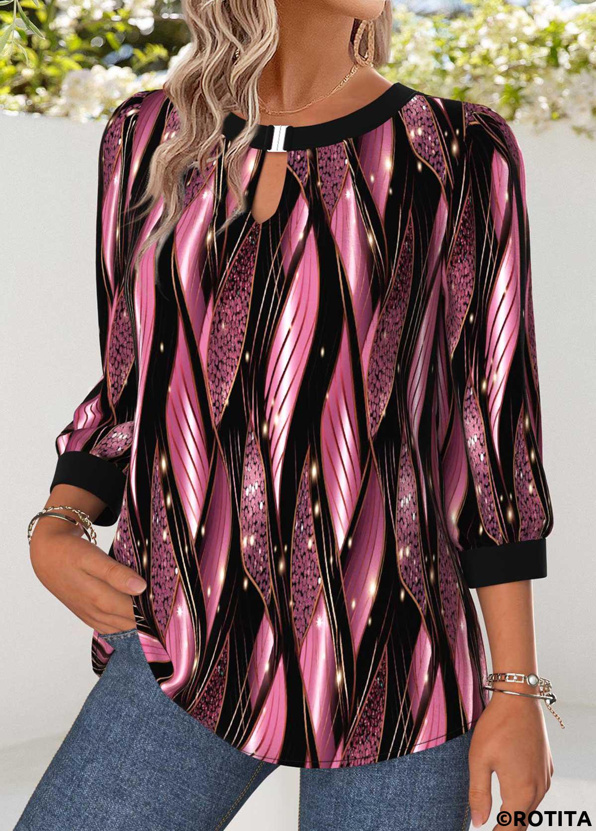 Pink tops,Geometric tops,ROTITA Tummy Coverage Geometric Print Pink Round Neck Blouse