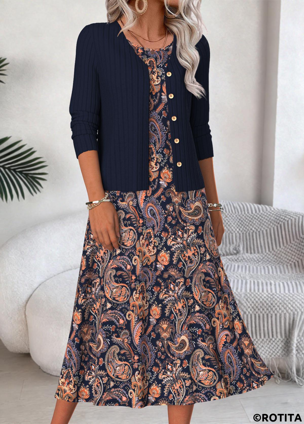 Navy dresses,Paisley dresses,Everyday dresses,Casual dresses,ROTITA Tummy Coverage Paisley Print Navy Dress and Cardigan