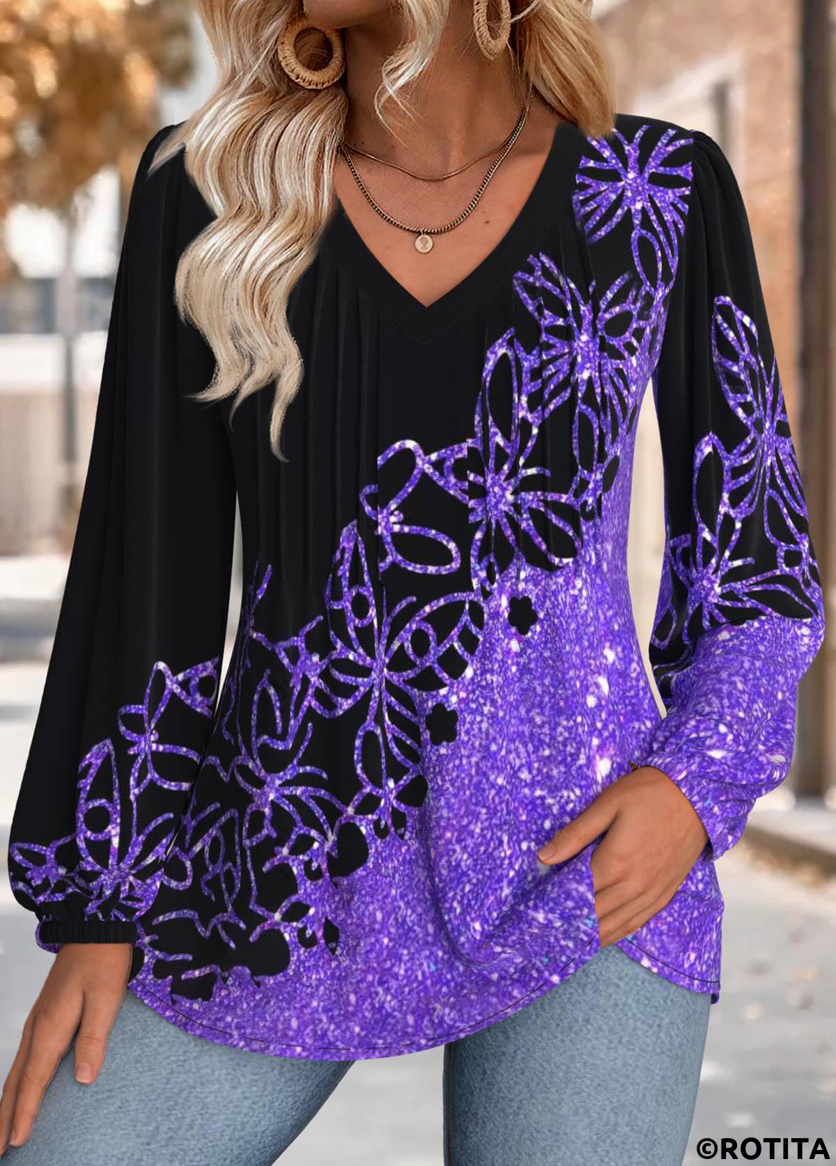 Purple tops,Animal Print tops,ROTITA Tummy Coverage Butterfly Print Purple V Neck Blouse