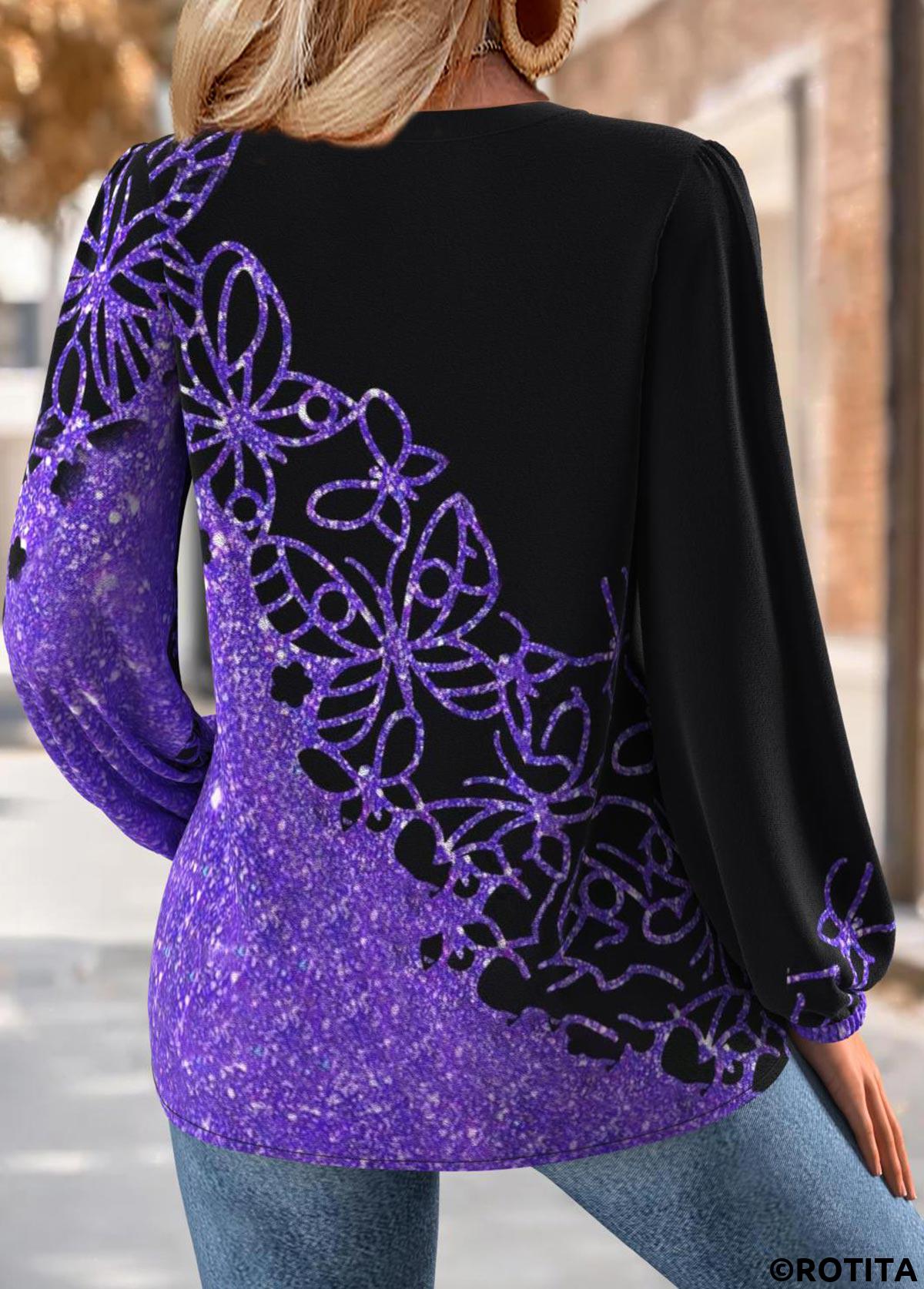 Purple tops,Animal Print tops,ROTITA Tummy Coverage Butterfly Print Purple V Neck Blouse