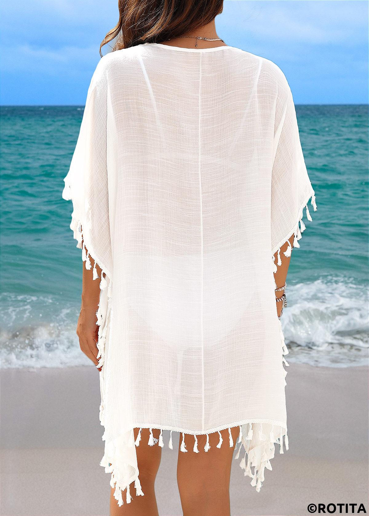 White swimwear,Contrast Color swimwear,Tummy Coverage White Tassel Cover Up