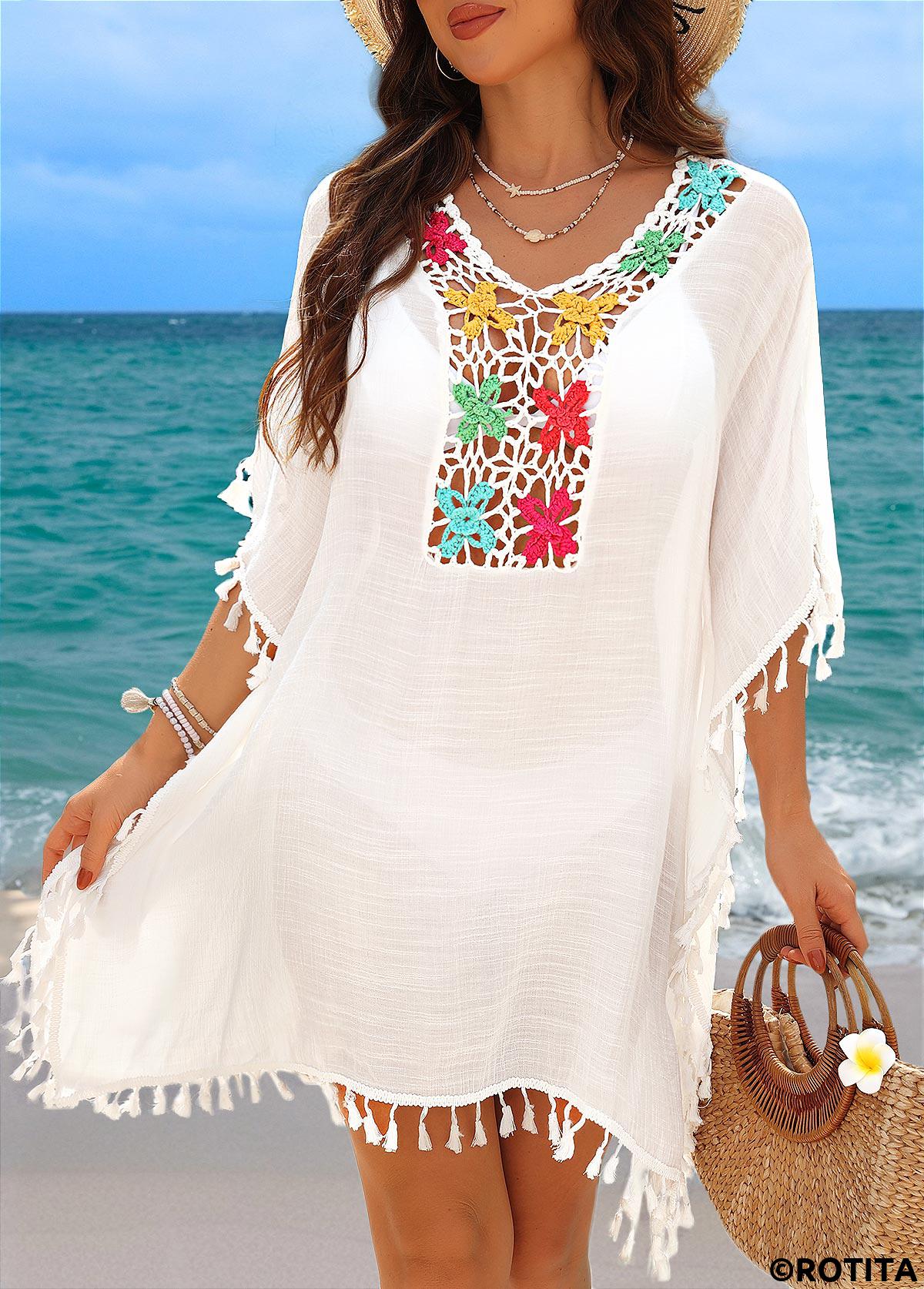 White swimwear,Contrast Color swimwear,Tummy Coverage White Tassel Cover Up