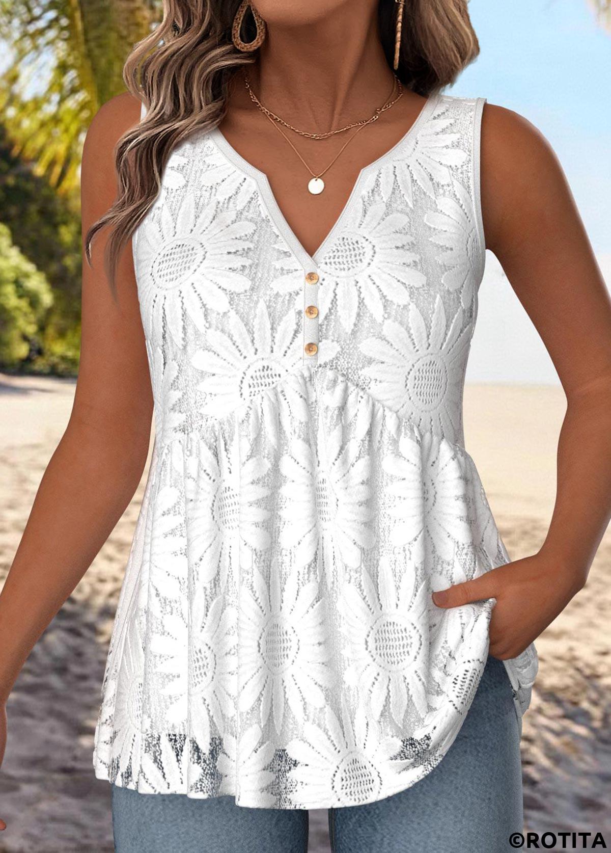 White tops,Plain Color tops,ROTITA Double Lined White Split Neck Sleeveless Tank Top