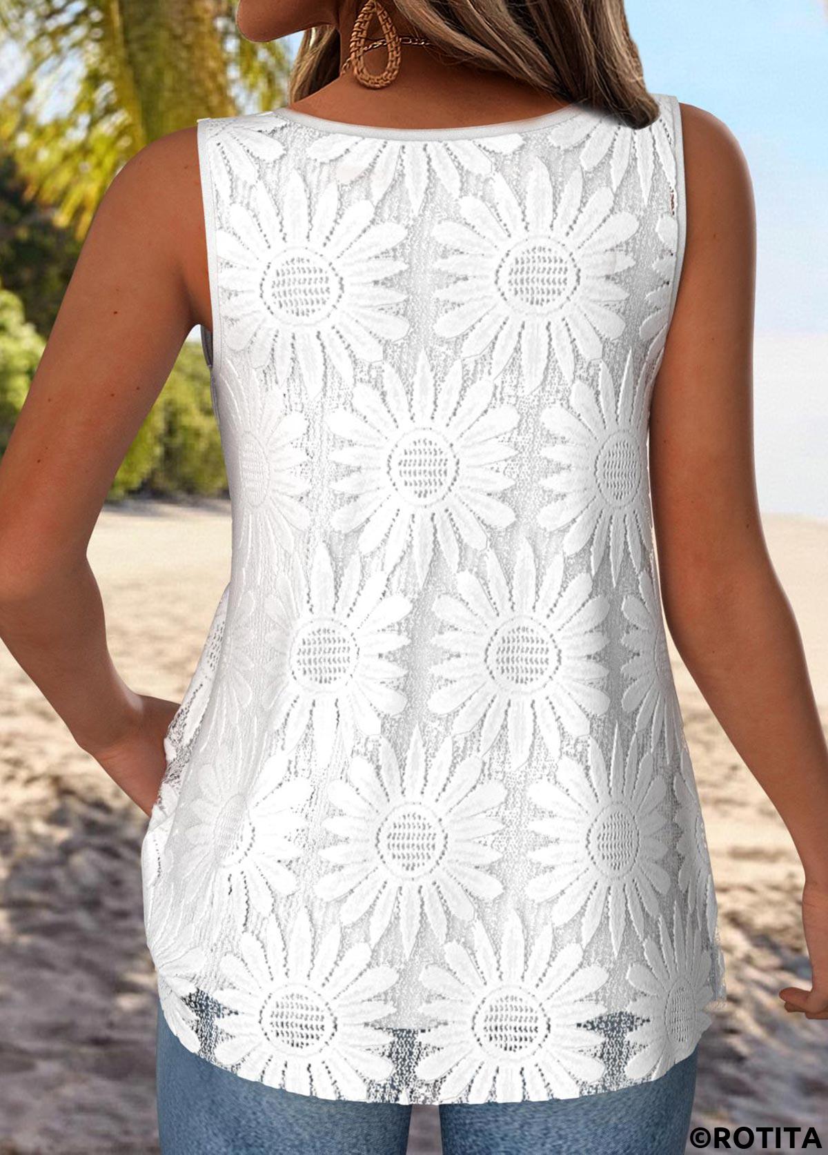 White tops,Plain Color tops,ROTITA Double Lined White Split Neck Sleeveless Tank Top