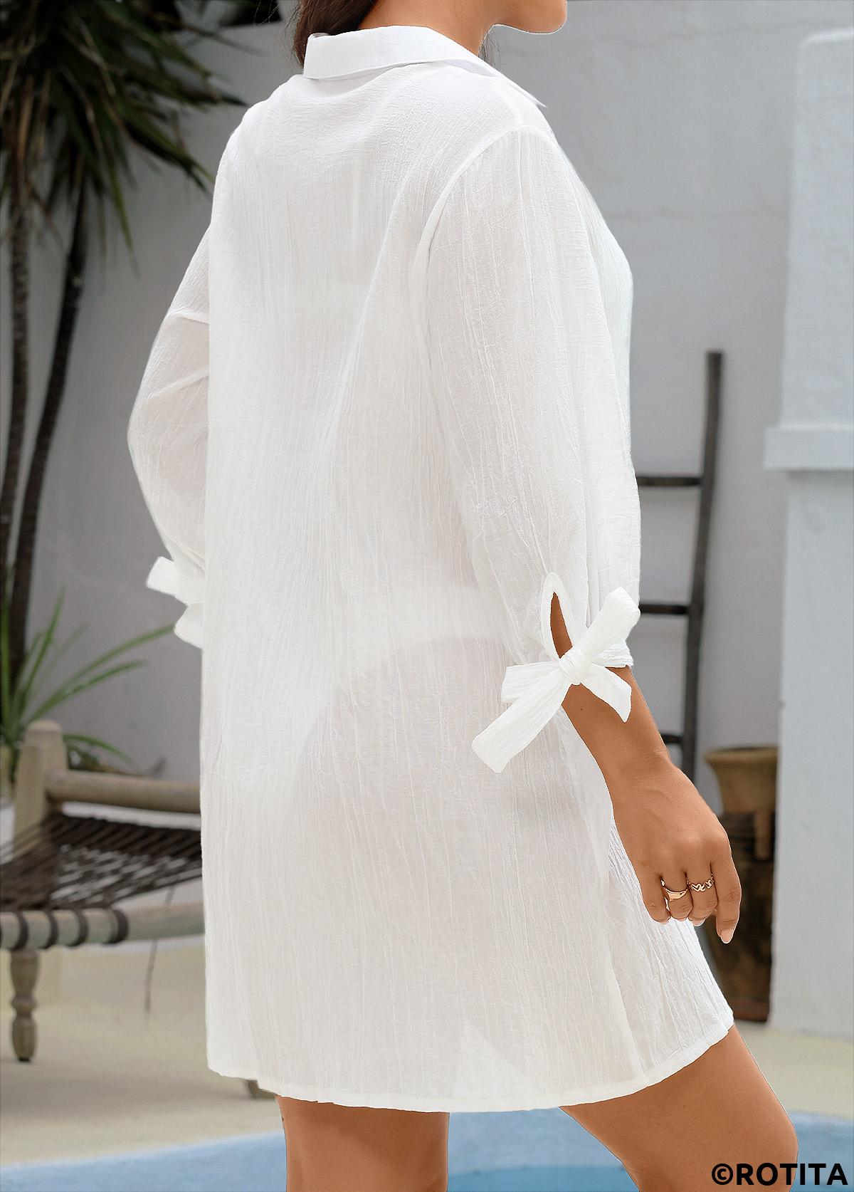 Beige swimwear,Plain Color swimwear,Tie Beige Button Turn Down Collar Cover Up