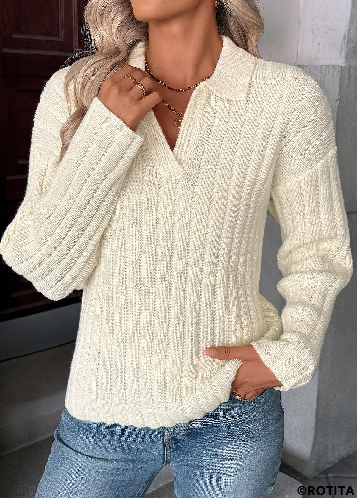 Beige tops,Plain Color tops,Beige Turn Down Collar Long Sleeve Sweater