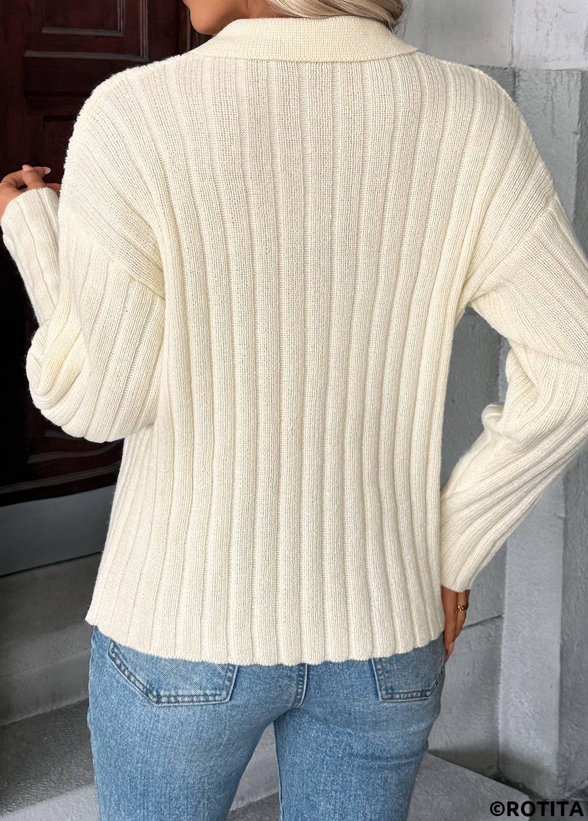 Beige tops,Plain Color tops,Beige Turn Down Collar Long Sleeve Sweater