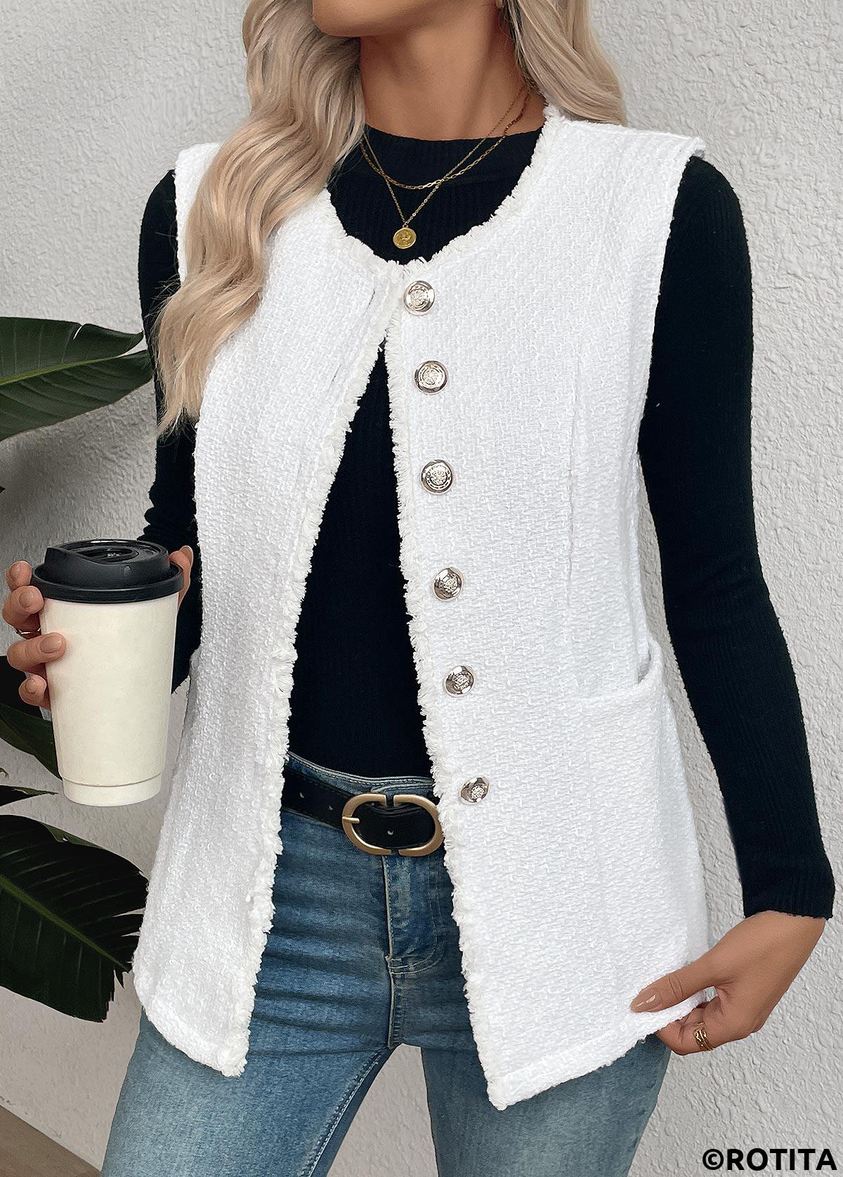 White tops,Plain Color tops,Tummy Coverage White Round Neck Sleeveless Waistcoat