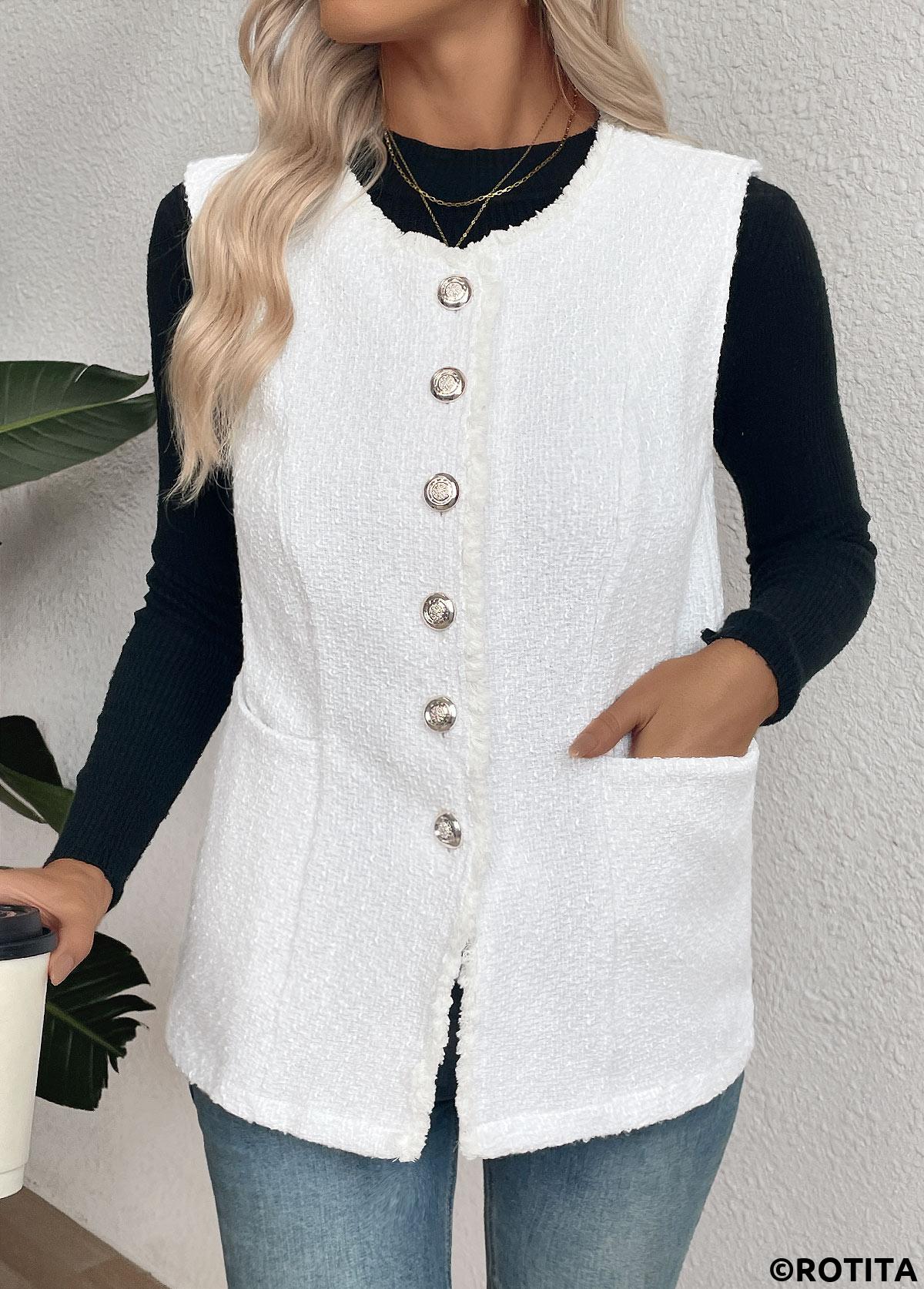 White tops,Plain Color tops,Tummy Coverage White Round Neck Sleeveless Waistcoat