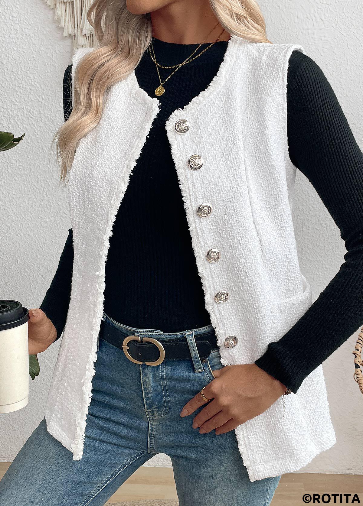 White tops,Plain Color tops,Tummy Coverage White Round Neck Sleeveless Waistcoat