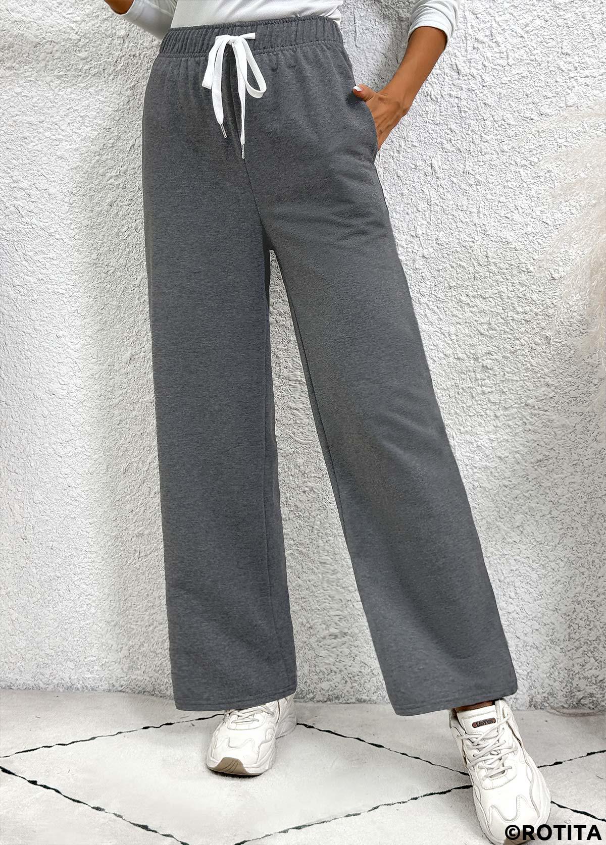 Dark Grey bottoms,Plain Color bottoms,Pocket Dark Grey Straight Leg Elastic Waist Pants