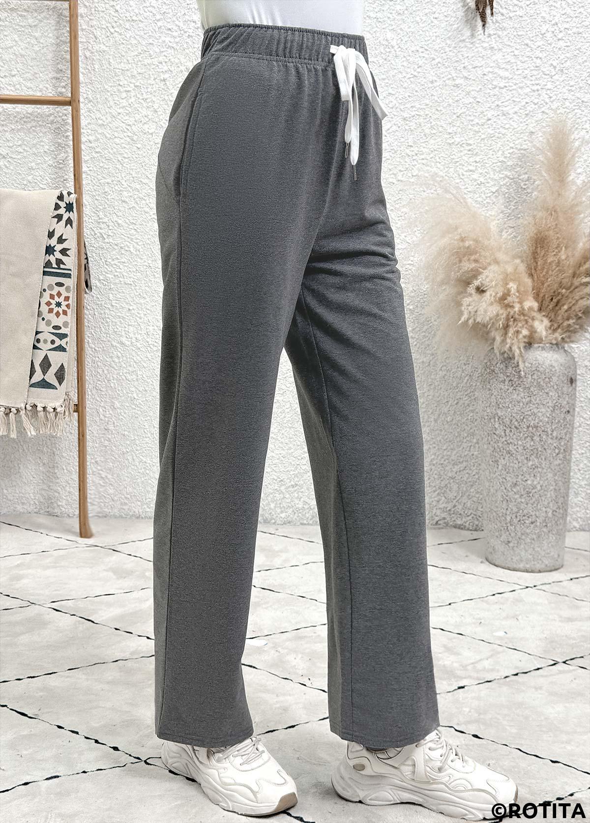 Dark Grey bottoms,Plain Color bottoms,Pocket Dark Grey Straight Leg Elastic Waist Pants