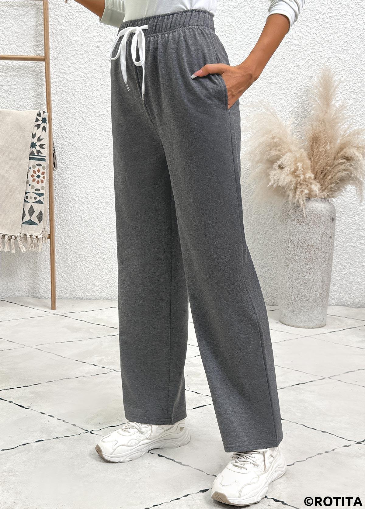 Dark Grey bottoms,Plain Color bottoms,Pocket Dark Grey Straight Leg Elastic Waist Pants
