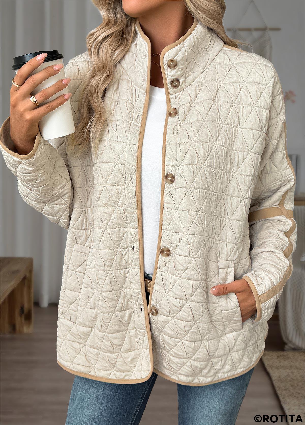 Beige tops,Contrast Color tops,ROTITA Tummy Coverage Beige Stand Collar Long Sleeve Coat