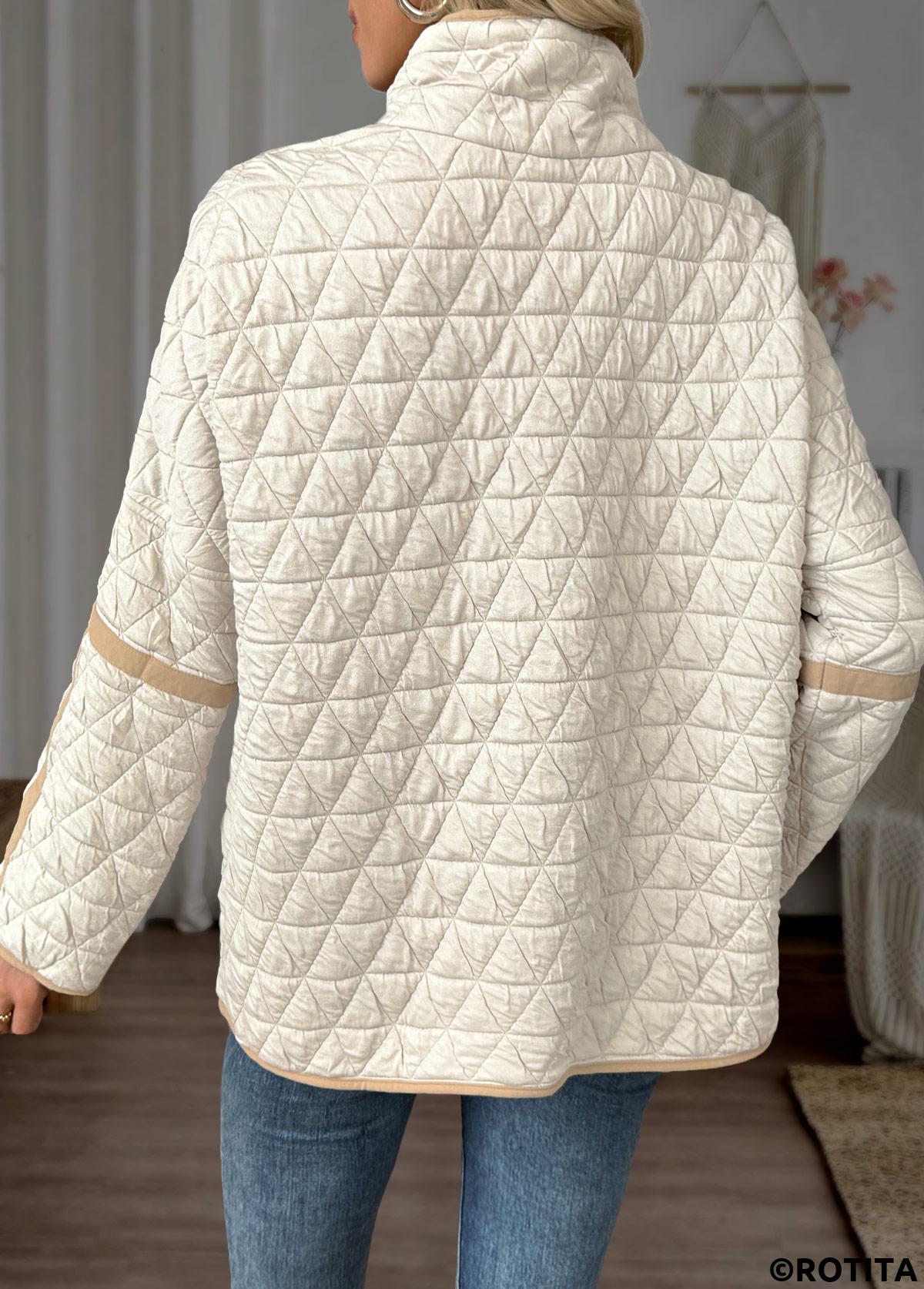 Beige tops,Contrast Color tops,ROTITA Tummy Coverage Beige Stand Collar Long Sleeve Coat