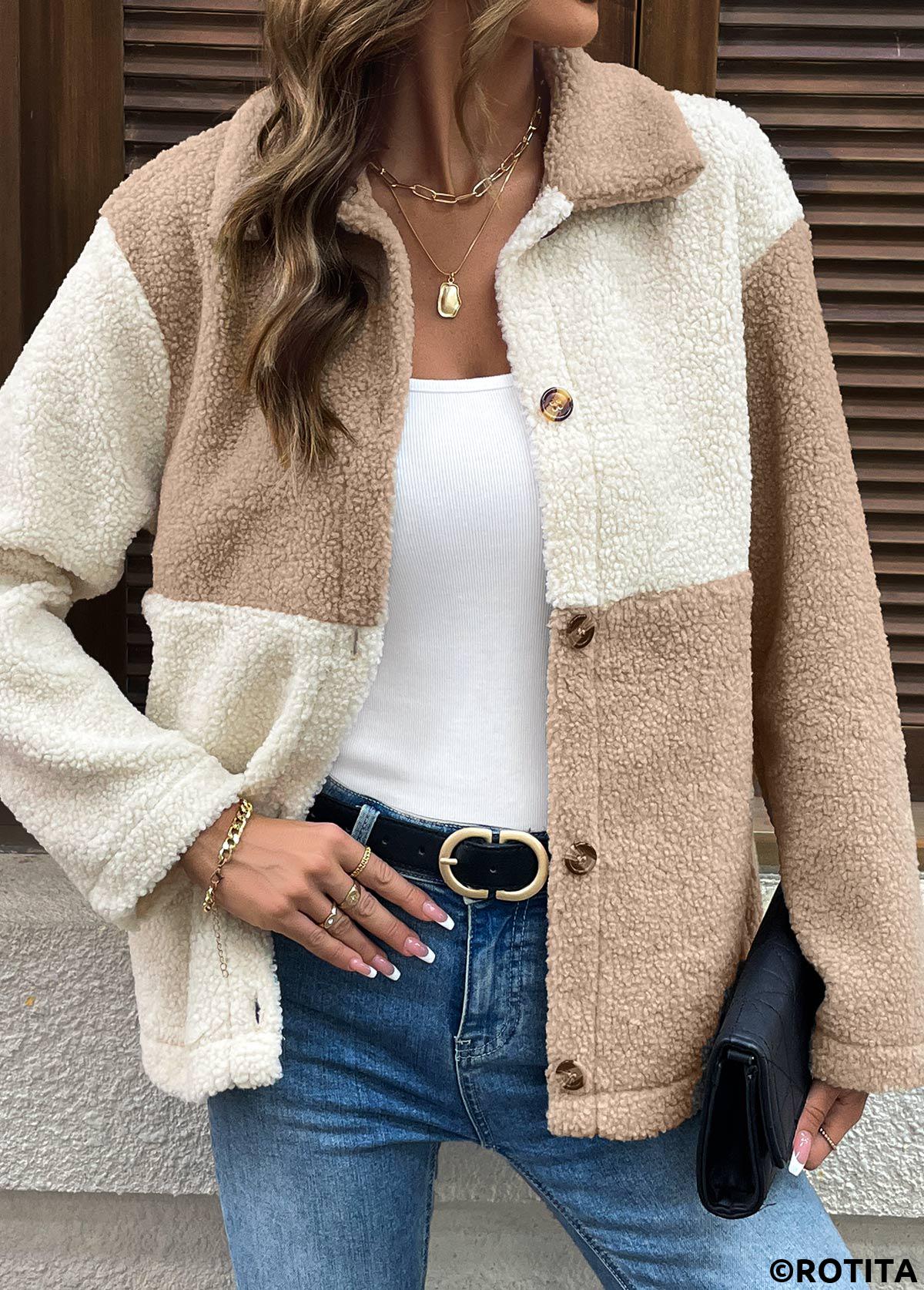 Light Coffee tops,Contrast Color tops,Tummy Coverage Light Coffee Turn Down Collar Coat