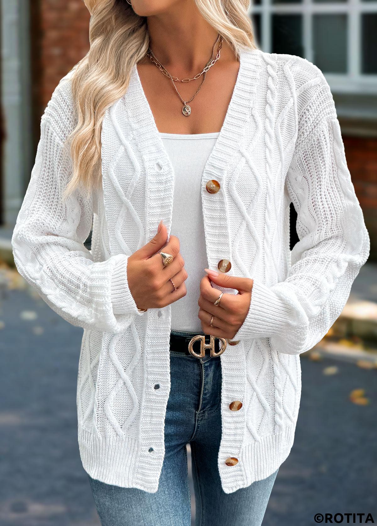 White tops,Plain Color tops,Tummy Coverage White Long Sleeve Cardigan