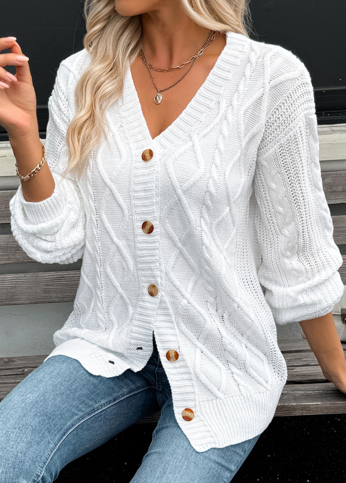 White tops,Plain Color tops,Tummy Coverage White Long Sleeve Cardigan