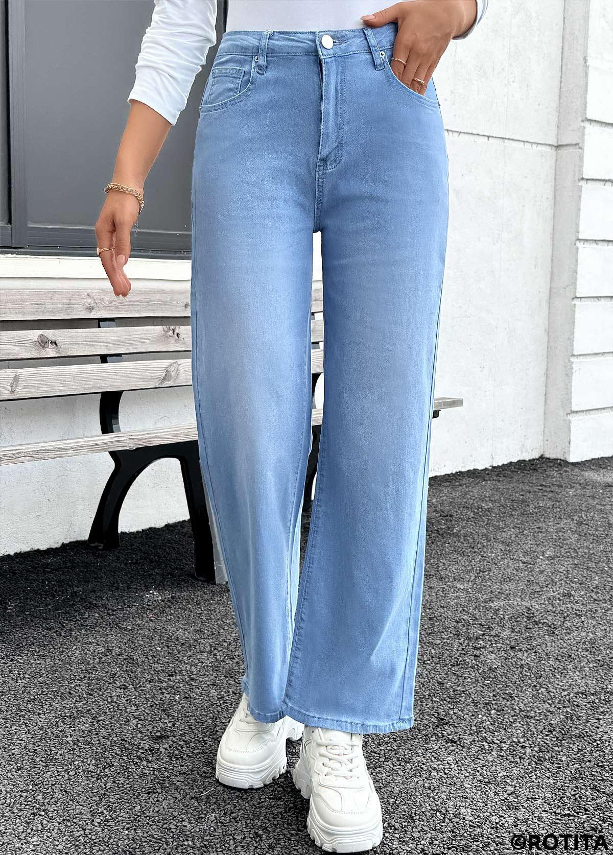 Denim Blue bottoms,Plain Color bottoms,Pocket Denim Blue Straight Leg Button Fly Jeans