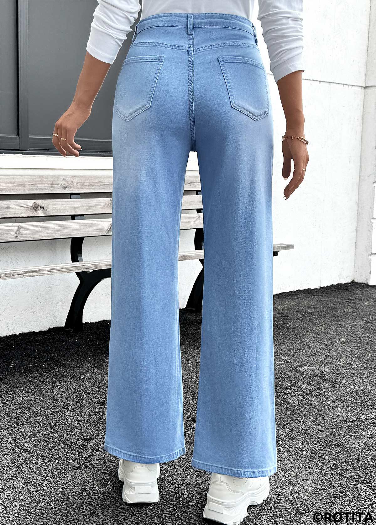 Denim Blue bottoms,Plain Color bottoms,Pocket Denim Blue Straight Leg Button Fly Jeans